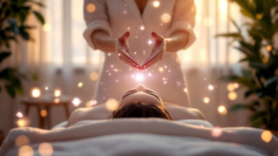 Manos emitiendo energí­a sobre persona recostada - Terapia Reiki
